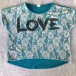 5402 Vintage CROP TOP SZ 14 Blue White Lace “LOVE” Glittery